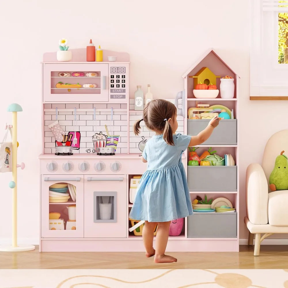 Wooden Play Kitchen for Kids, Playset Chef Pretend with Storage System, Realistic Appliances, Smart Storage & 15 Fun Accessories