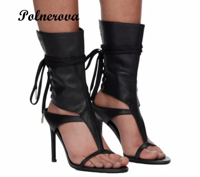 Mette Leather Stiletto Heels Sandals Solid Color Straps Catwalk Sandals Boots Women Shoes Summer Sandalias De Mujer Verano