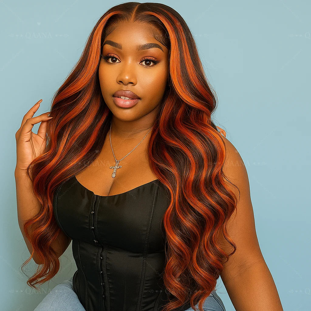 Brown Ginger Highlight Wigs Human Hair 5x5 Lace Frontal Body Wave Glueless Pre Cut Ombre Ginger Colored Hair Wigs For Women