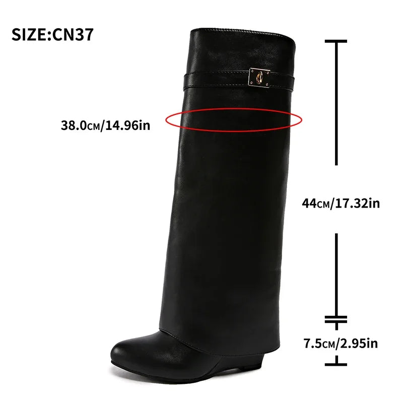 Black Pu Leather Knee High Boots Women Sexy Pointed Toe Straight Leg Boots Woman Punk Style Wedge High Heels Long Botas Mujer