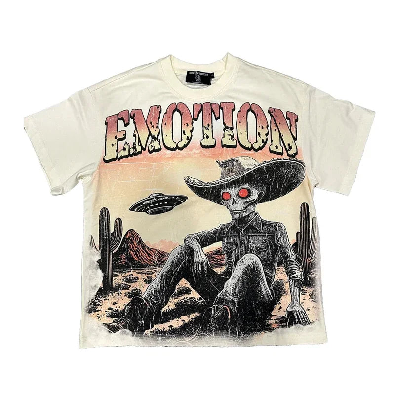 American Hip Hop Trendy Brand MIXED EMOTION T-shirt High Street Creative Print Couple Summer Casual Short Sleeve Tops