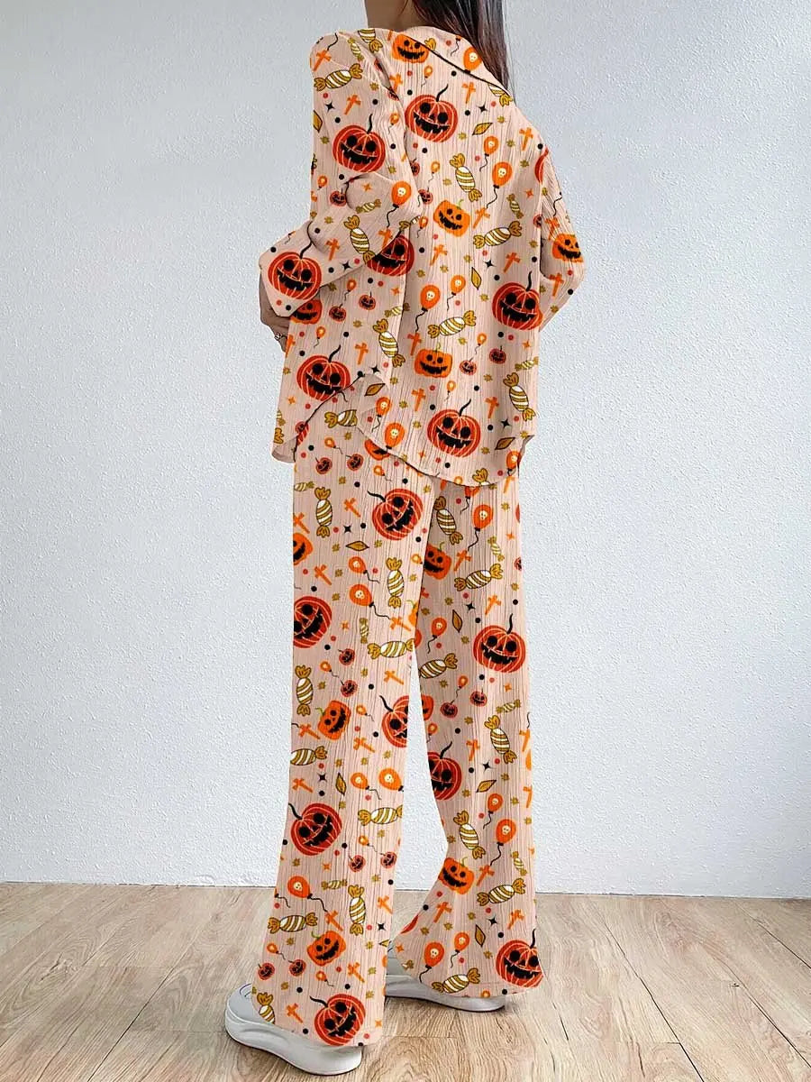 Women Halloween Pajama Set Pumpkin Bat Print Long Sleeve Top with Pants Sleepwear Loungewear