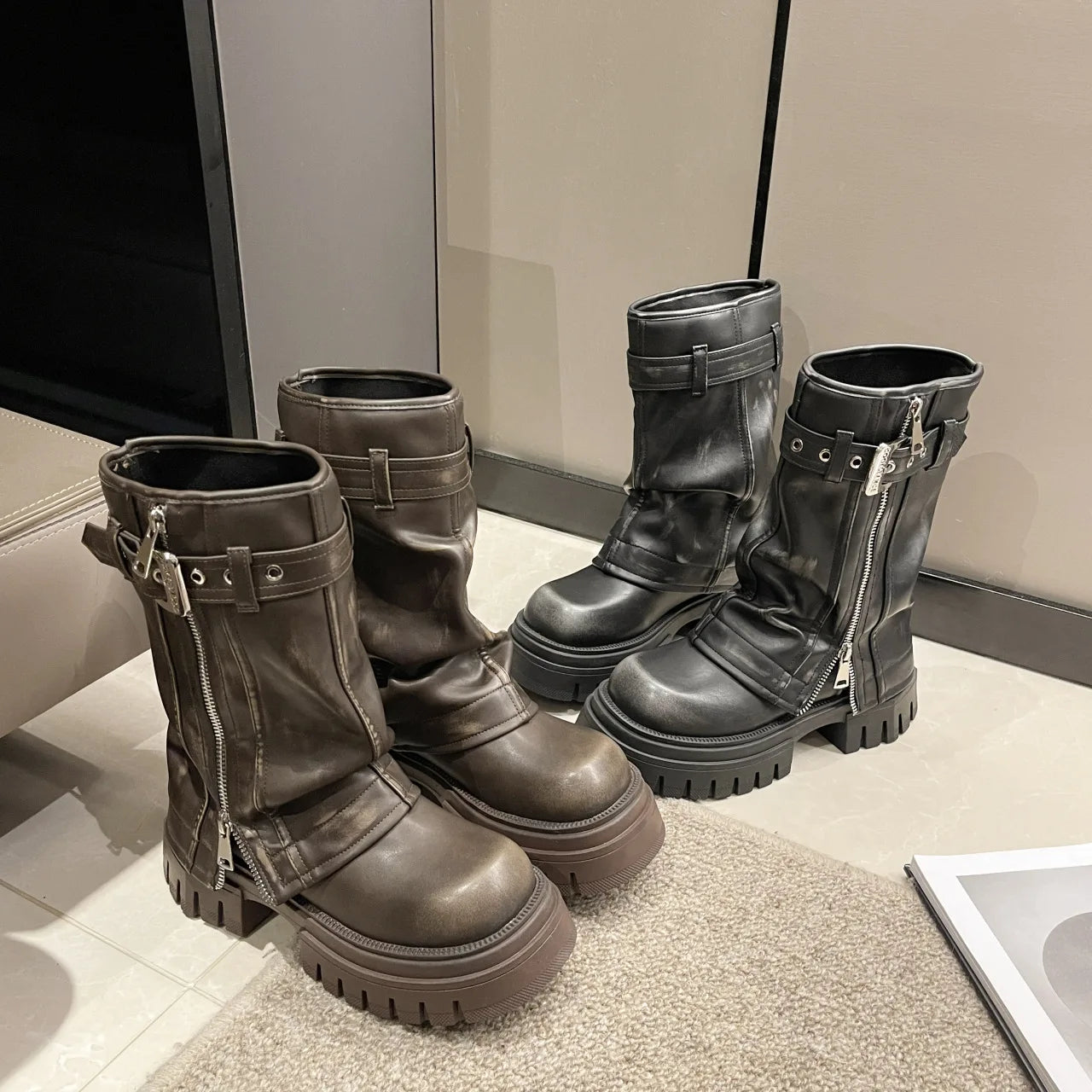 Winter Women Biker Boots Fashion Belt Buckle Ladies Elegant Platform Flats Short Booties Casual Women's Knight Booties41-46