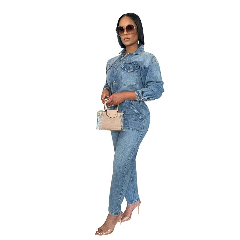 Streetwear Jeans Jumpsuit Autumn Clothes Women 2025 Full Sleeve Turn Down Collar Denim Rompers Cowboy One Pieces Overalls Outfit