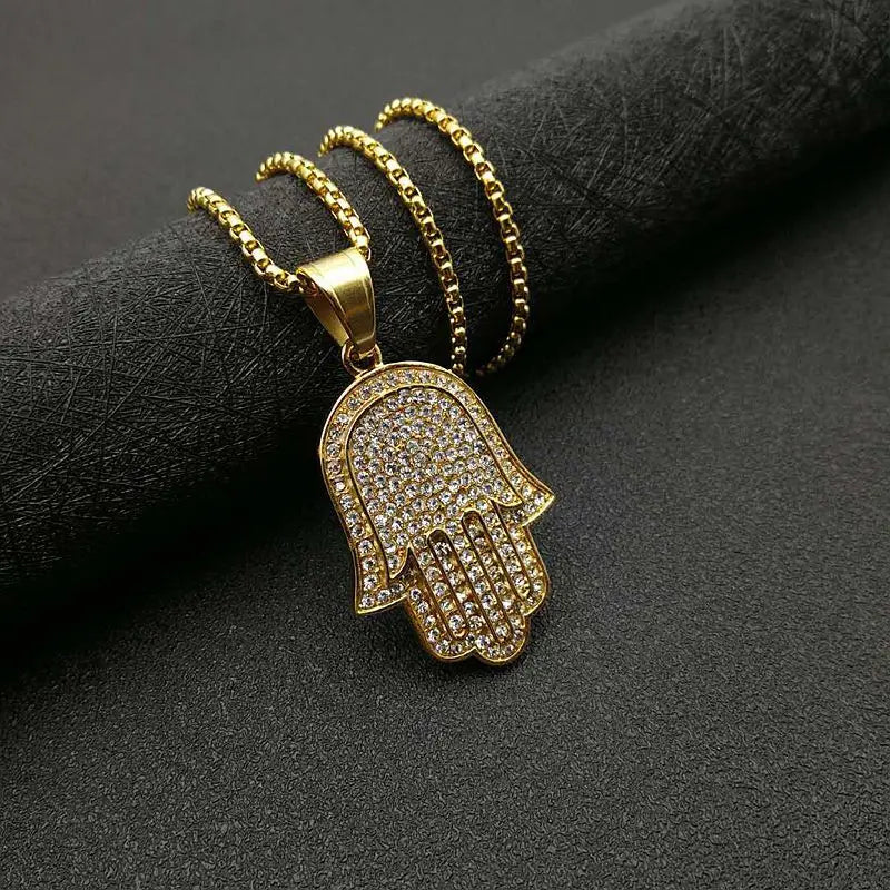 Hip Hop Full Zircon Pave Bling Iced Out Fatima Hand Pendants Necklace Mens Gold Color 316L Stainless Steel Chain Jewerly