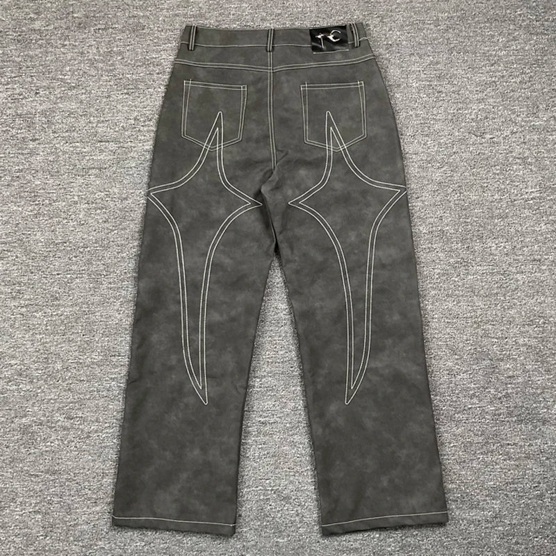 High Street Trend THUG CLUB Pu Leather Pants Hip Hop Men's Loose Embroidery Logo Straight-leg Trousers Thug Club Casual Pants