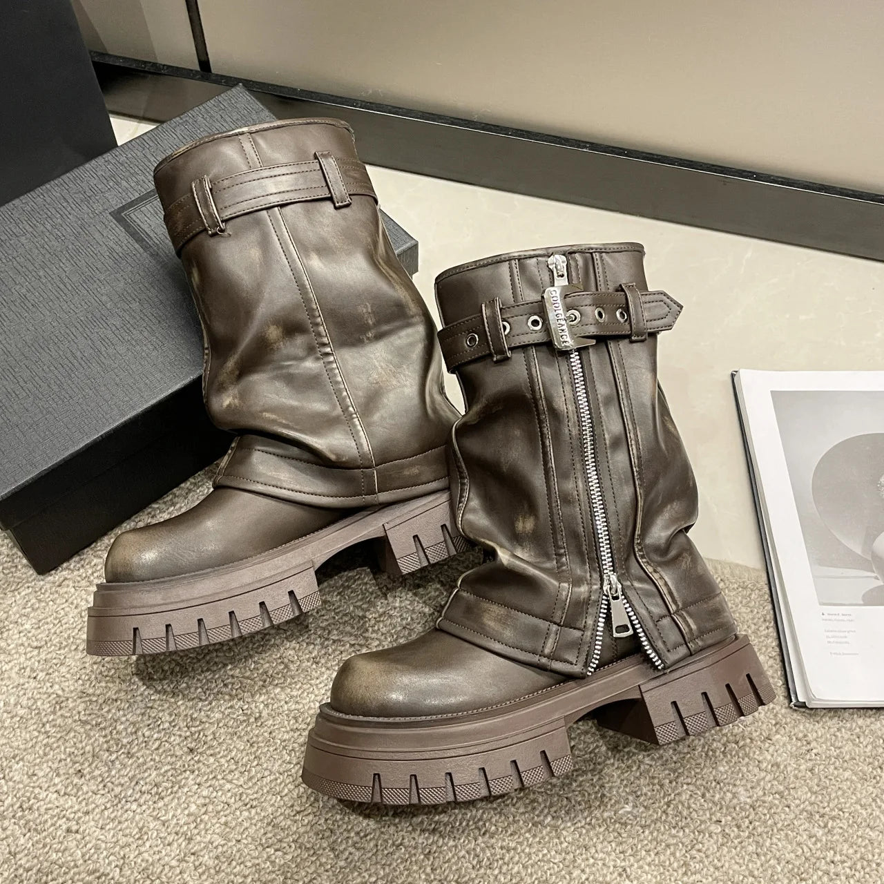 Winter Women Biker Boots Fashion Belt Buckle Ladies Elegant Platform Flats Short Booties Casual Women's Knight Booties41-46