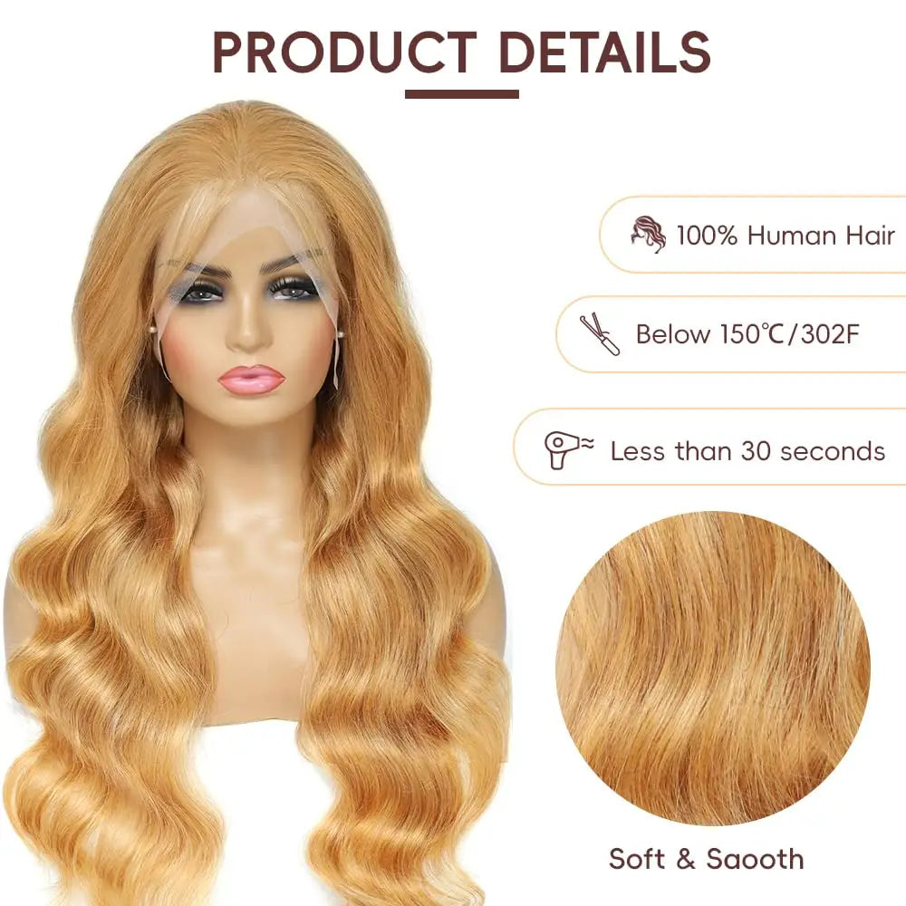 Honey Blonde Wig Human Hair 200% Density Body Wave 13x4 13x6 Lace Front Wigs Human Hair Pre Plucked Colored 27# Lace Frontal Wig