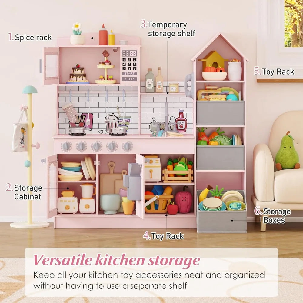 Wooden Play Kitchen for Kids, Playset Chef Pretend with Storage System, Realistic Appliances, Smart Storage & 15 Fun Accessories