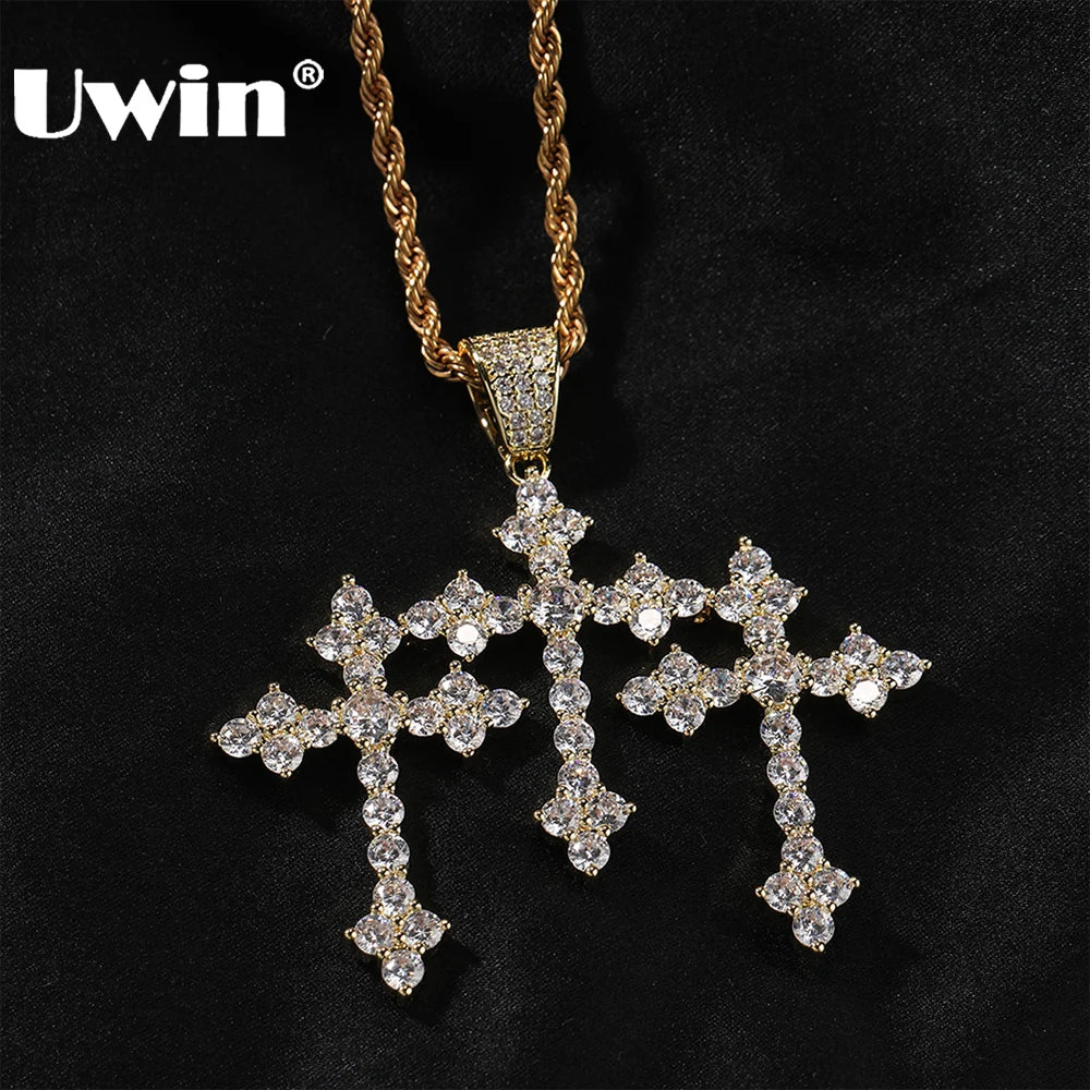 UWIN Iced Out Stacked Cross Pendant Necklace for Men Women Icy Cubic Zirconia Crosses Charms Fashion Jewelry
