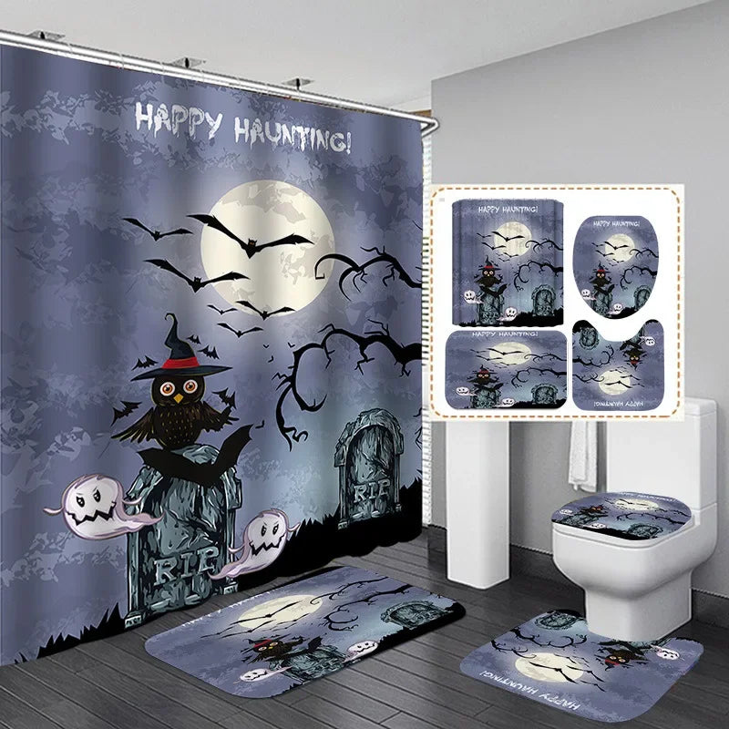 Halloween Elements 3D Digital Printing Shower Curtain Bathroom Waterproof Partition Curtain 180*180 Four-piece Set Holiday Dress