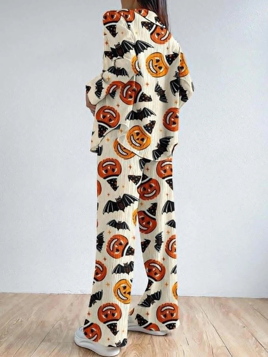 Women Halloween Pajama Set Pumpkin Bat Print Long Sleeve Top with Pants Sleepwear Loungewear