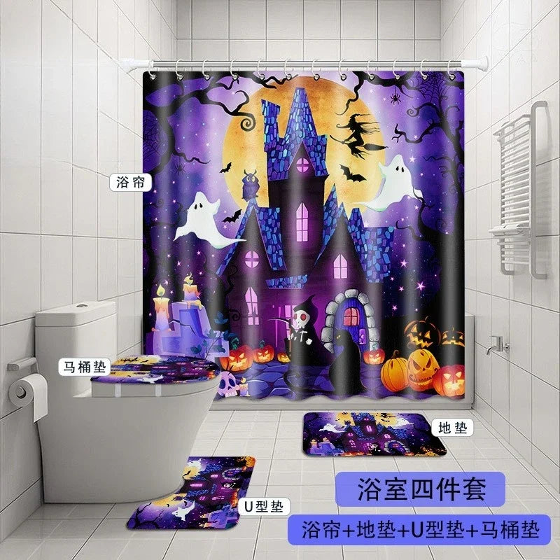 Halloween Elements 3D Digital Printing Shower Curtain Bathroom Waterproof Partition Curtain 180*180 Four-piece Set Holiday Dress