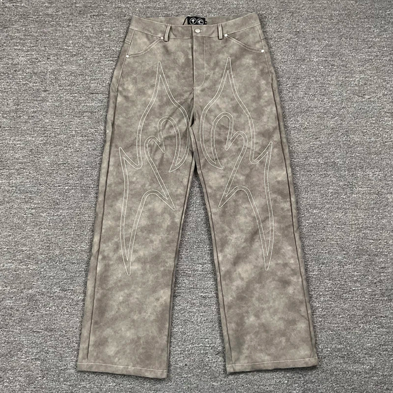 Europe America Trend THUG CLUB Casual Pants Embroidery Logo Pu Leather Pants High Street Hip Hop Loose Straight-leg Pants