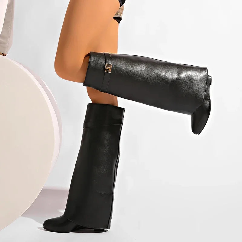 Black Pu Leather Knee High Boots Women Sexy Pointed Toe Straight Leg Boots Woman Punk Style Wedge High Heels Long Botas Mujer
