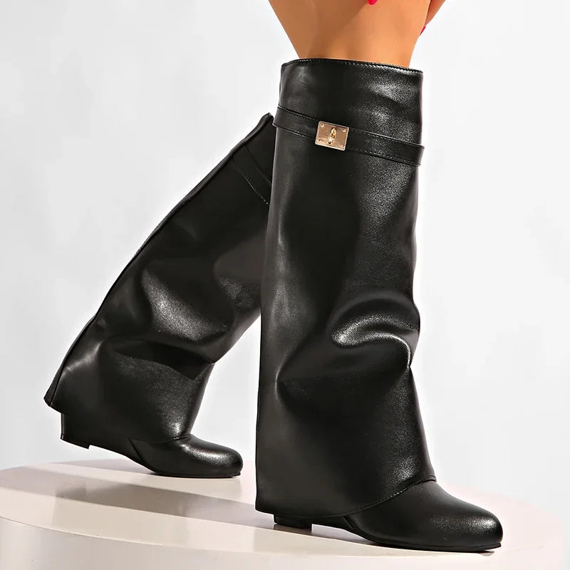 Black Pu Leather Knee High Boots Women Sexy Pointed Toe Straight Leg Boots Woman Punk Style Wedge High Heels Long Botas Mujer