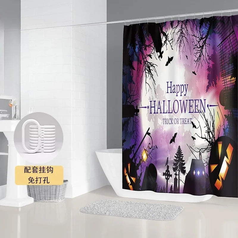 Halloween Elements 3D Digital Printing Shower Curtain Bathroom Waterproof Partition Curtain 180*180 Four-piece Set Holiday Dress