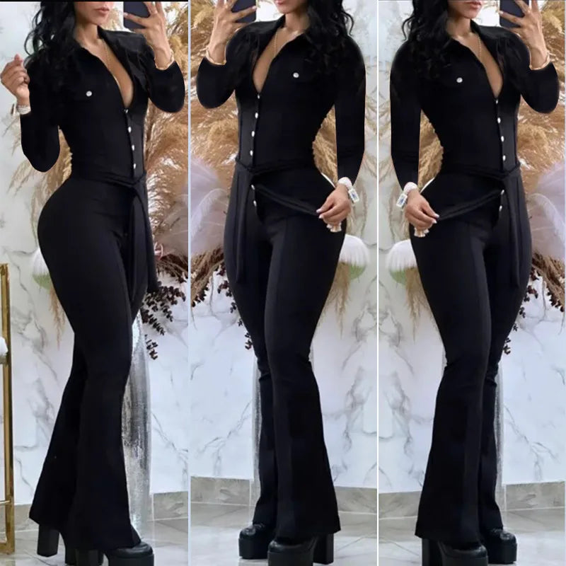 Casual Flared Pants Jumpsuit Women Solid Button Down High Waist Party Club Night Out Evening Jumpsuit with Belt
