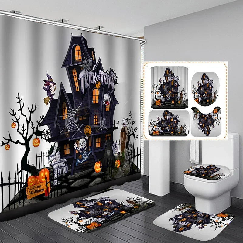 Halloween Elements 3D Digital Printing Shower Curtain Bathroom Waterproof Partition Curtain 180*180 Four-piece Set Holiday Dress