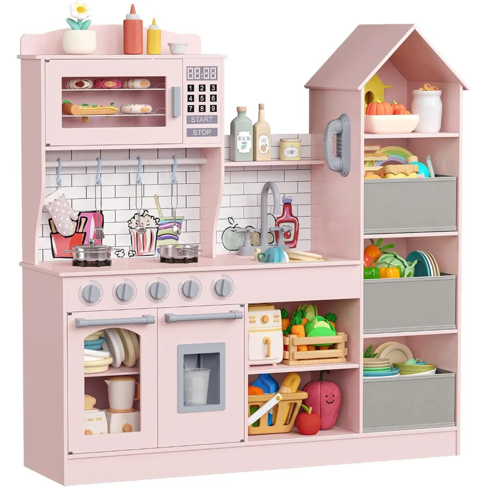 Wooden Play Kitchen for Kids, Playset Chef Pretend with Storage System, Realistic Appliances, Smart Storage & 15 Fun Accessories