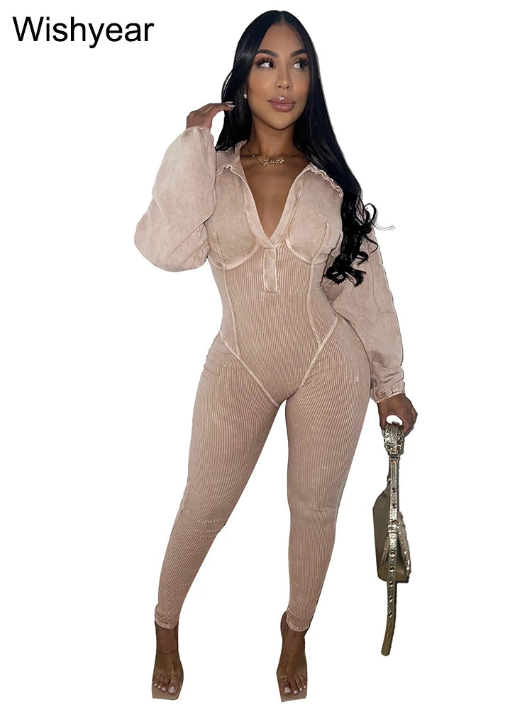 Elegant Autumn Pink Jumpsuits for Women Street Long Sleeve Lapel Bodycon Sexy Sporty Rompers Casual Skinny One Pieces Overall