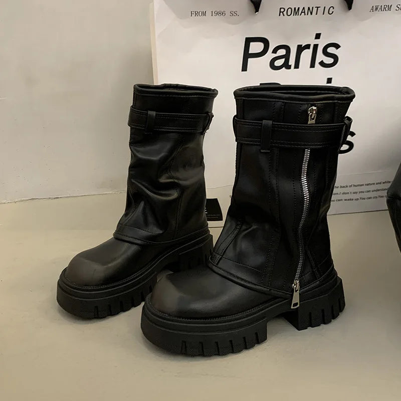 Autumn Winter Women Biker Boots Fashion Belt Buckle Ladies Elegant Platform Flats Short Booties Casual Women's Knight Booties