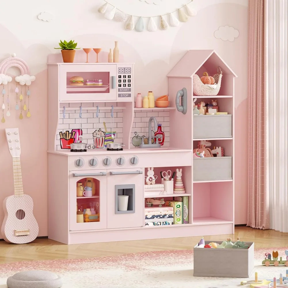 Wooden Play Kitchen for Kids, Playset Chef Pretend with Storage System, Realistic Appliances, Smart Storage & 15 Fun Accessories
