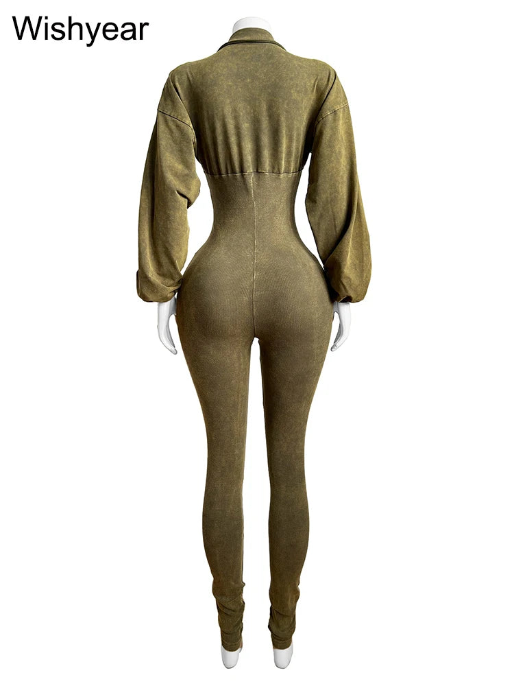 Elegant Autumn Pink Jumpsuits for Women Street Long Sleeve Lapel Bodycon Sexy Sporty Rompers Casual Skinny One Pieces Overall