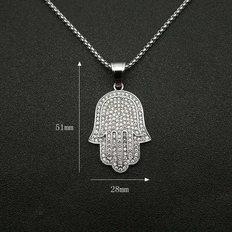 Hip Hop Full Zircon Pave Bling Iced Out Fatima Hand Pendants Necklace Mens Gold Color 316L Stainless Steel Chain Jewerly