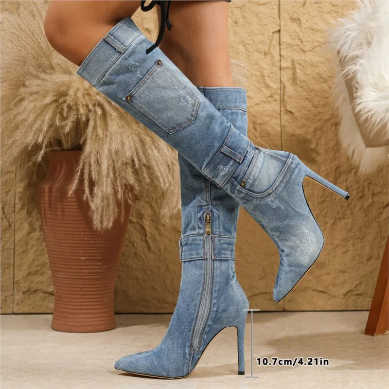 Brand New High Quality Pointed Toe Women's Denim Stiletto Boots Zipper High Heeled Knee High Boots Sexy Woman Shoes for Party