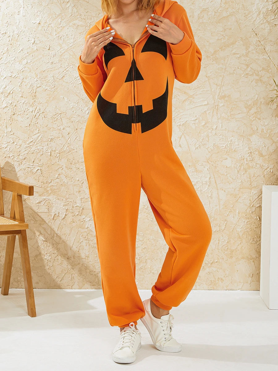 Cute Matching Halloween Pajamas Set with Fun Prints and Zipper Closure for Couples - Cozy Hooded Romper Sleepwear for