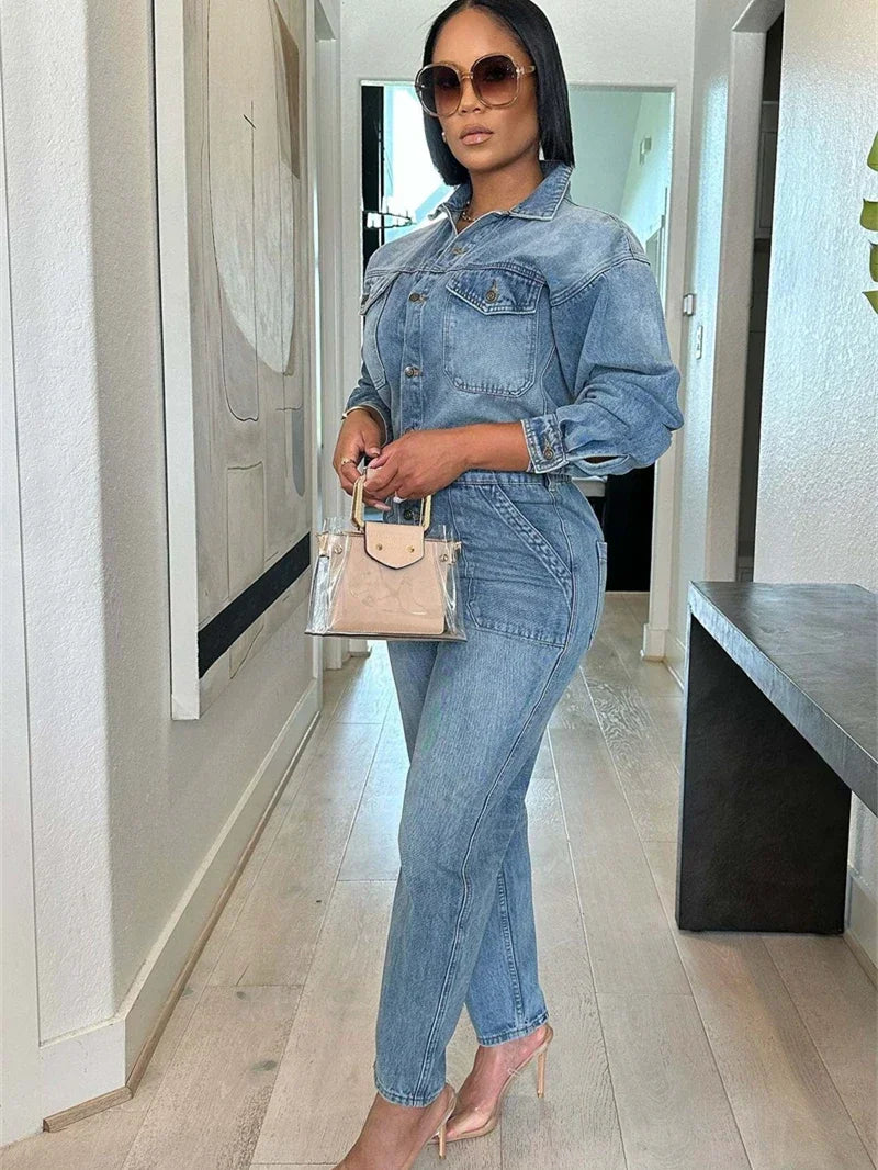 Streetwear Jeans Jumpsuit Autumn Clothes Women 2025 Full Sleeve Turn Down Collar Denim Rompers Cowboy One Pieces Overalls Outfit