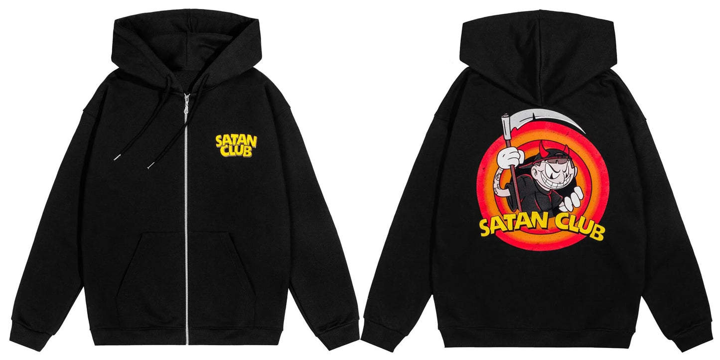 Hip Hop Zipper Men Hoodie Satan Club Graphic Zip Up Hooded Pullover Sweatshirts Winter Streetwear Jacket Y2K Coat Clothing Goth