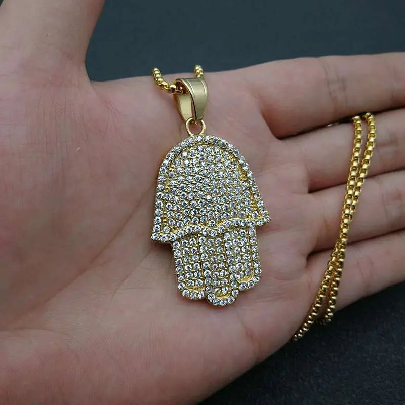 Hip Hop Full Zircon Pave Bling Iced Out Fatima Hand Pendants Necklace Mens Gold Color 316L Stainless Steel Chain Jewerly