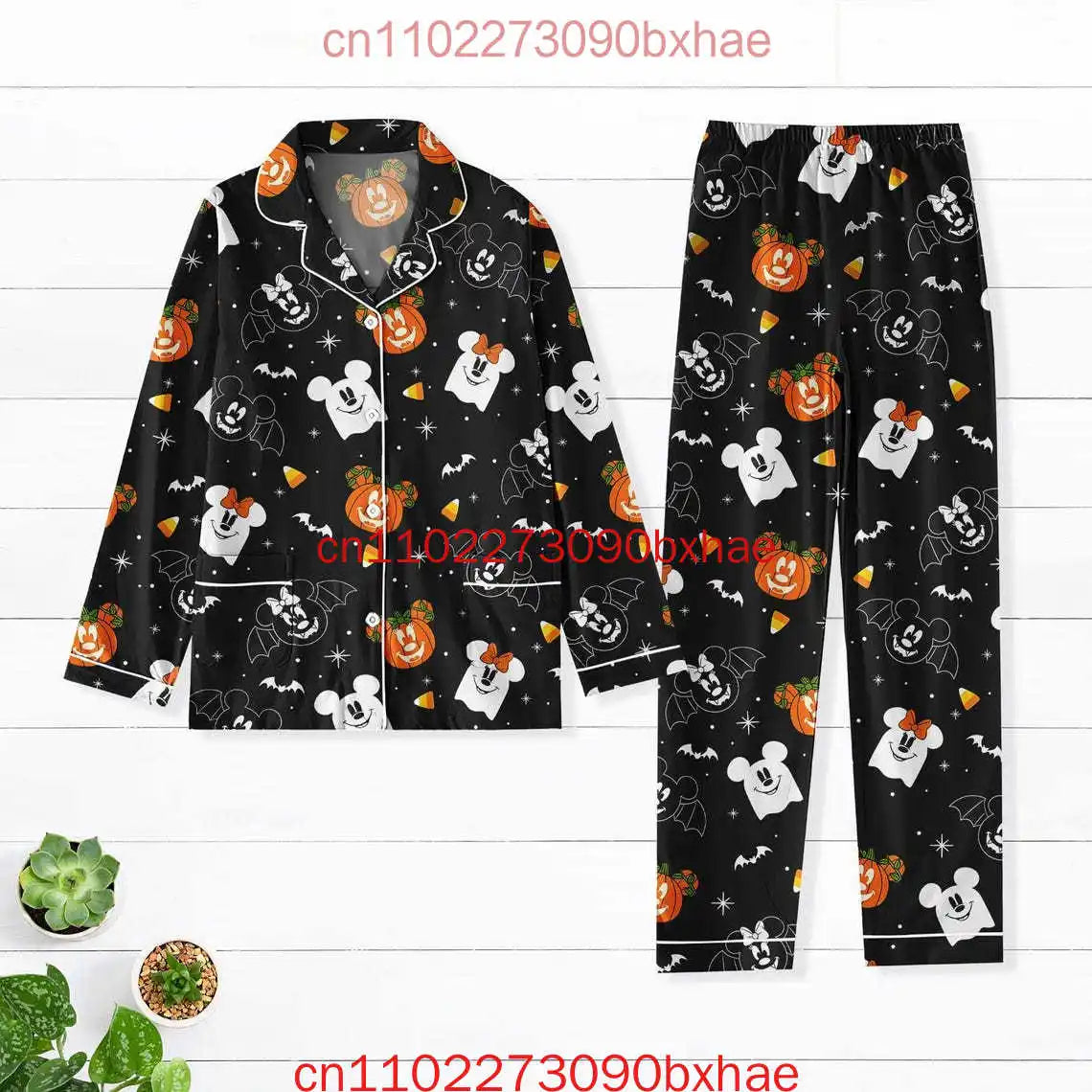 Halloween Pattern Pajamas Set Mickey Mouse Pumpkin Pajamas Magic Kingdom Cartoon Characters Sleepwear Holiday Long Sleeve Pajama