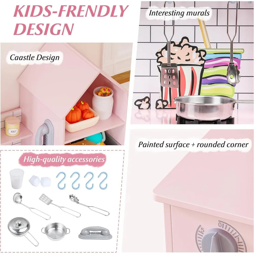 Wooden Play Kitchen for Kids, Playset Chef Pretend with Storage System, Realistic Appliances, Smart Storage & 15 Fun Accessories