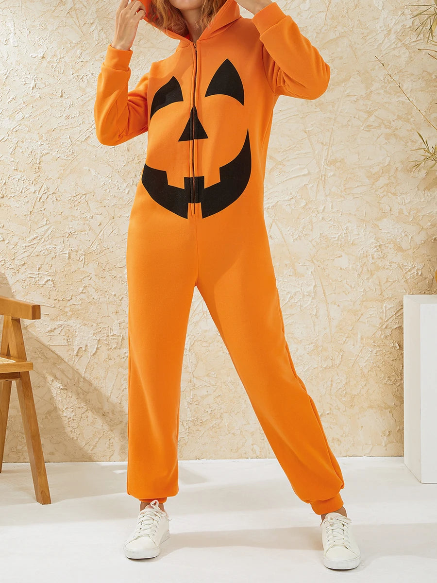 Cute Matching Halloween Pajamas Set with Fun Prints and Zipper Closure for Couples - Cozy Hooded Romper Sleepwear for