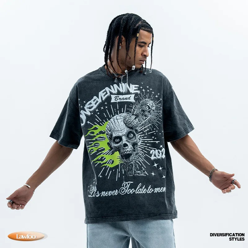 LawFoo American trendy brand washed retro old large print pure cotton short-sleeved T-shirt men and women street hip-hop