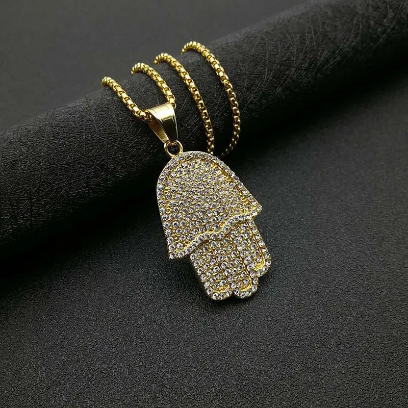 Hip Hop Full Zircon Pave Bling Iced Out Fatima Hand Pendants Necklace Mens Gold Color 316L Stainless Steel Chain Jewerly