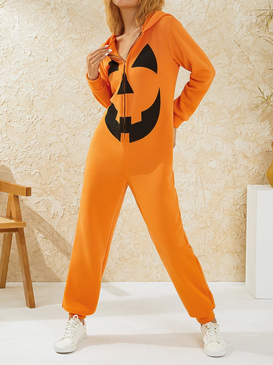 Cute Matching Halloween Pajamas Set with Fun Prints and Zipper Closure for Couples - Cozy Hooded Romper Sleepwear for