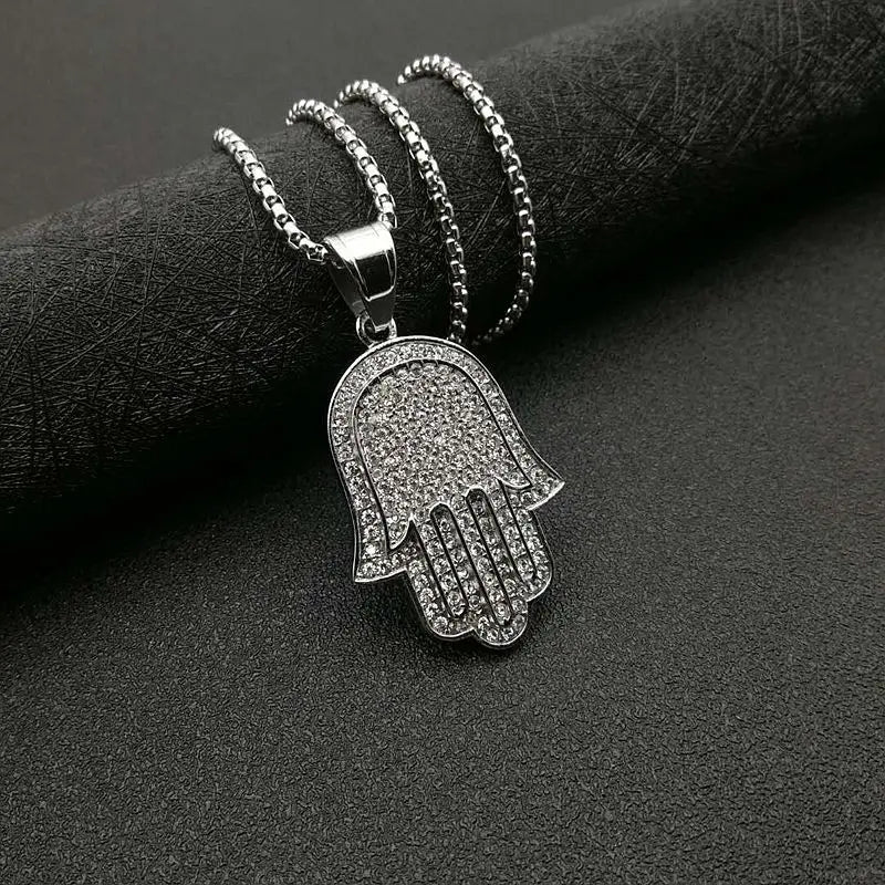 Hip Hop Full Zircon Pave Bling Iced Out Fatima Hand Pendants Necklace Mens Gold Color 316L Stainless Steel Chain Jewerly