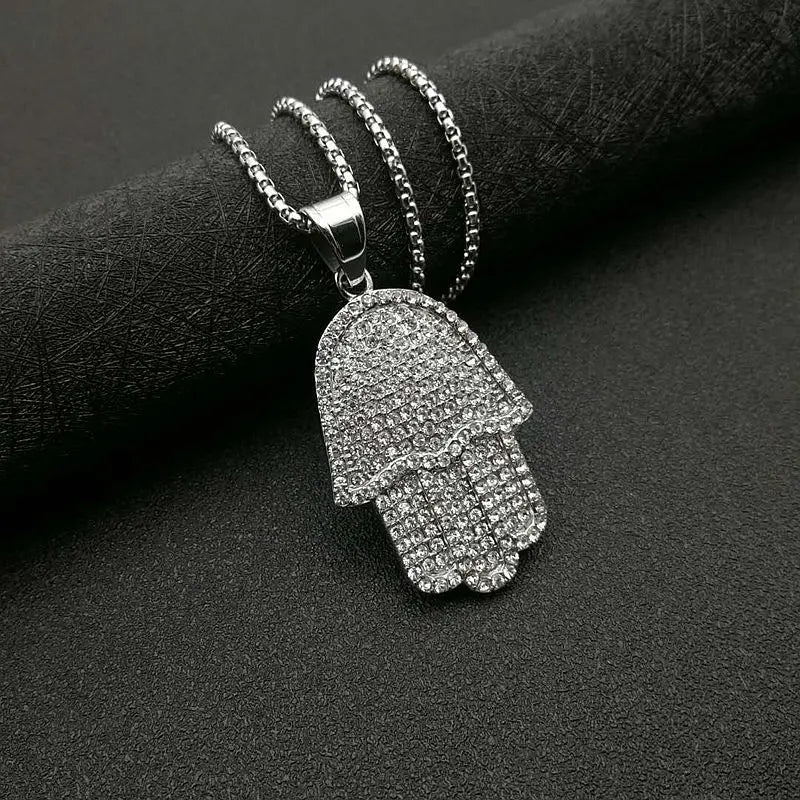 Hip Hop Full Zircon Pave Bling Iced Out Fatima Hand Pendants Necklace Mens Gold Color 316L Stainless Steel Chain Jewerly