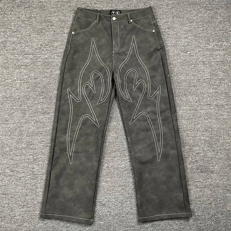High Street Trend THUG CLUB Pu Leather Pants Hip Hop Men's Loose Embroidery Logo Straight-leg Trousers Thug Club Casual Pants
