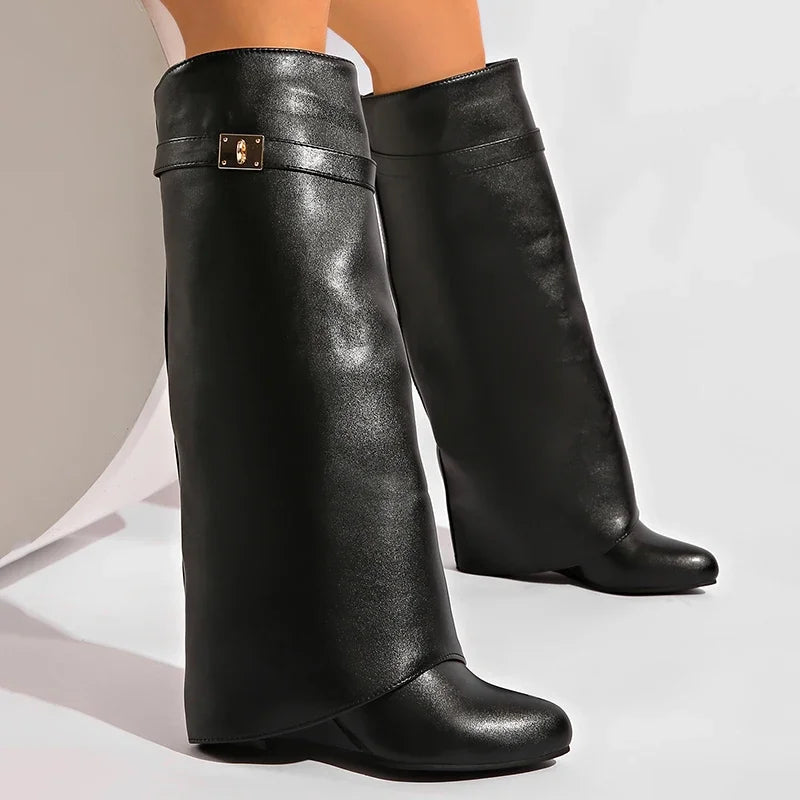 Black Pu Leather Knee High Boots Women Sexy Pointed Toe Straight Leg Boots Woman Punk Style Wedge High Heels Long Botas Mujer