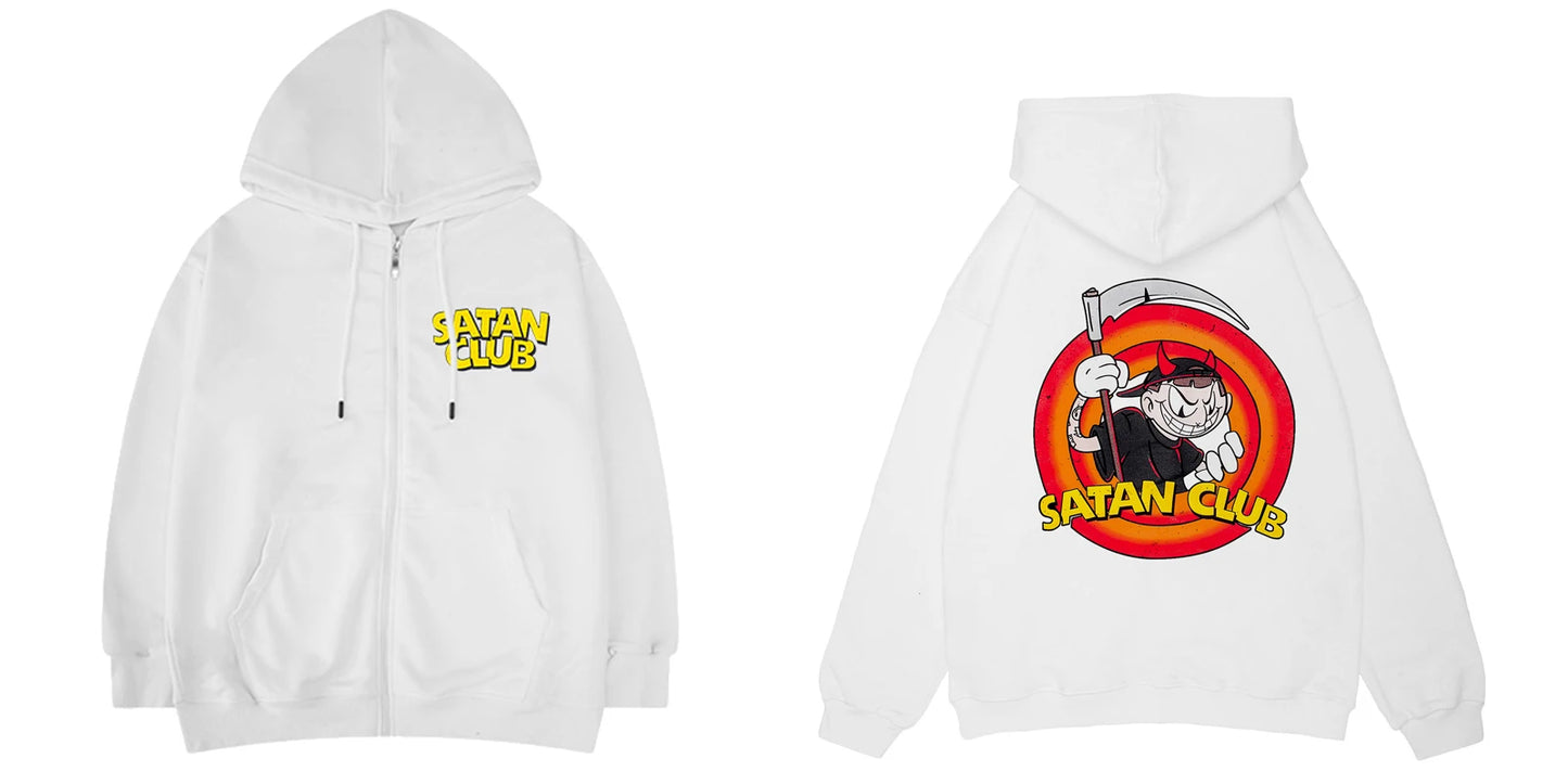 Hip Hop Zipper Men Hoodie Satan Club Graphic Zip Up Hooded Pullover Sweatshirts Winter Streetwear Jacket Y2K Coat Clothing Goth
