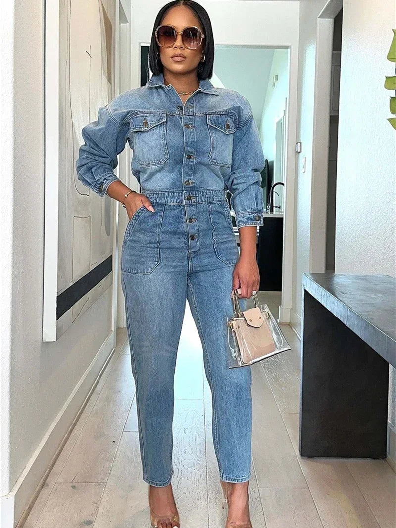 Streetwear Jeans Jumpsuit Autumn Clothes Women 2025 Full Sleeve Turn Down Collar Denim Rompers Cowboy One Pieces Overalls Outfit