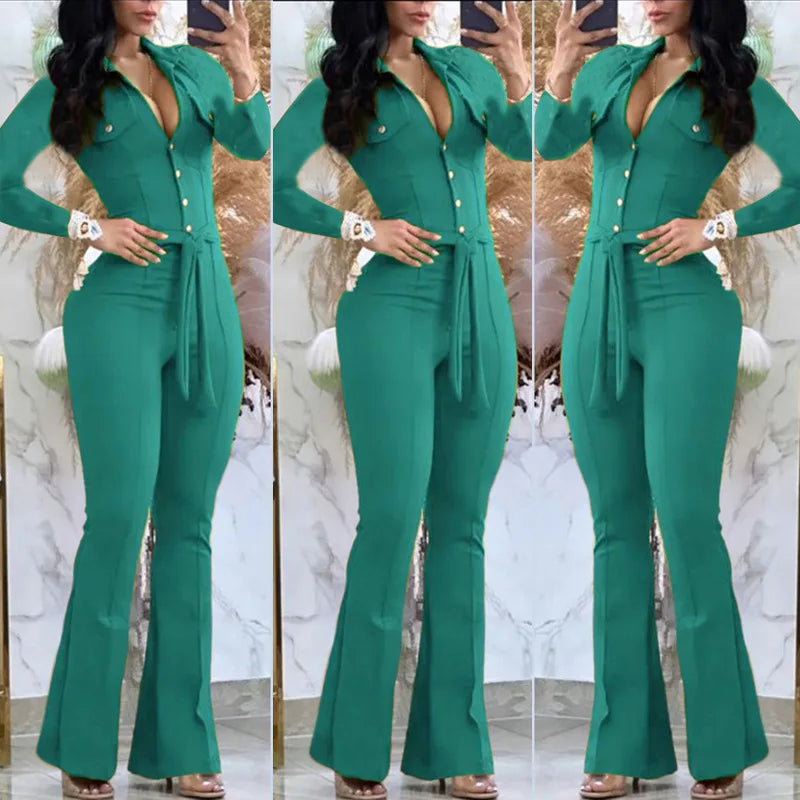 Casual Flared Pants Jumpsuit Women Solid Button Down High Waist Party Club Night Out Evening Jumpsuit with Belt