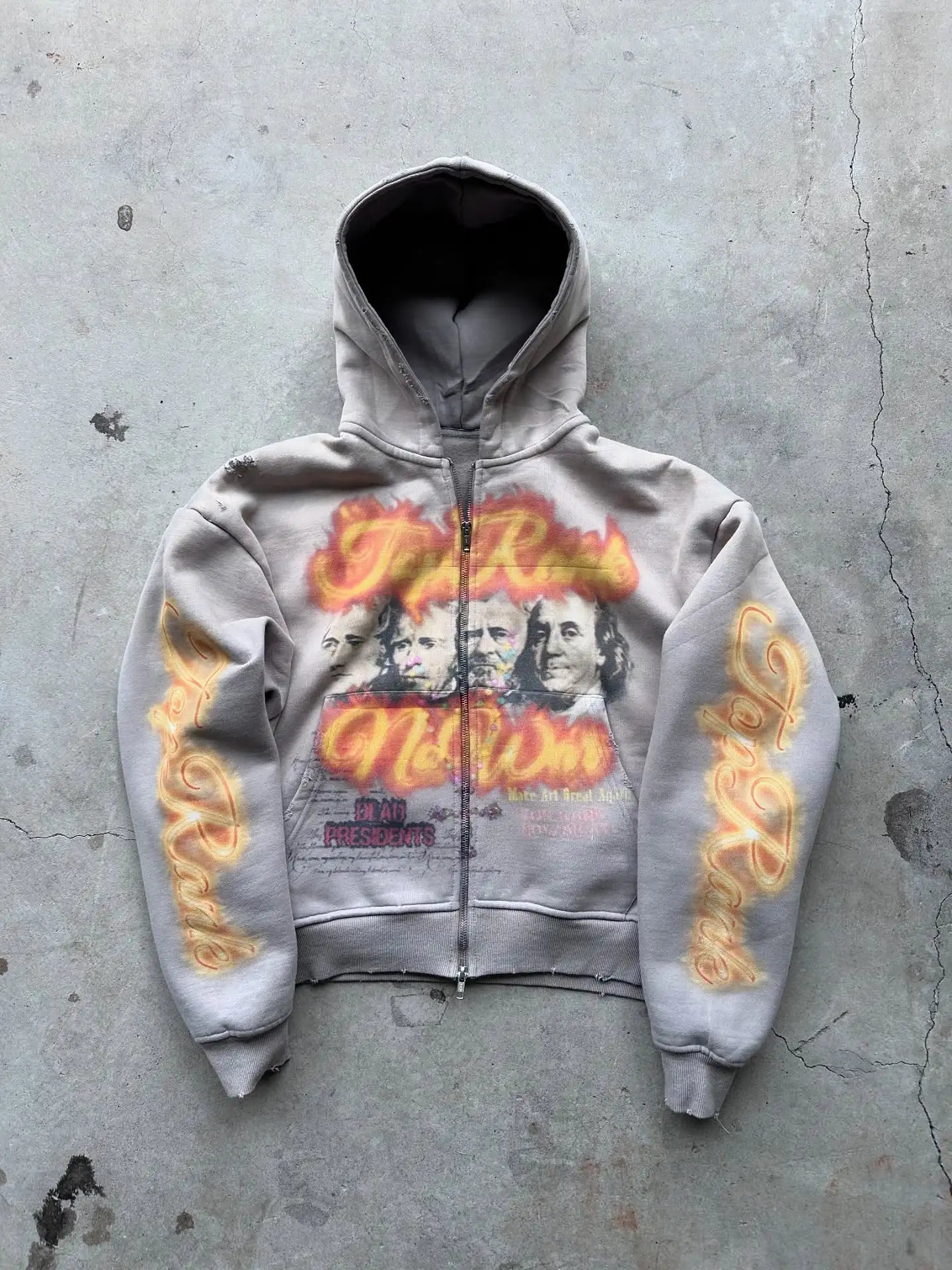 Y2K Gray Zip Hoodie Top Rank President Print Sweater Men Women Fashion Vintage Classic Hip Hop Streetwear Clothing Loose Jacket