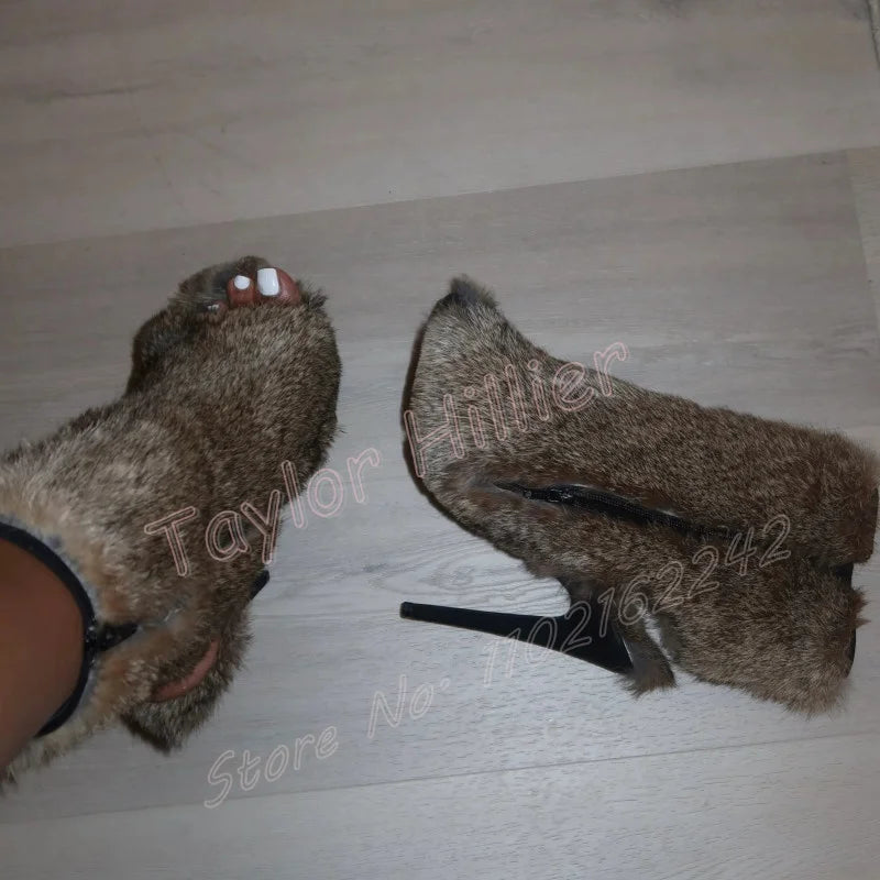 Summer Open Toe Fur High Heels Round Head Stiletto Side Zipper Women'S Short Boots Sexy Fashion Party Dinner Sandals Gladiator