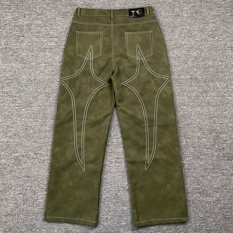 Europe America Trend THUG CLUB Casual Pants Embroidery Logo Pu Leather Pants High Street Hip Hop Loose Straight-leg Pants